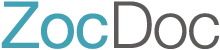 The image displays the ZocDoc logo, with Zoc in light blue and Doc in dark gray, using a clean, sans-serif font.